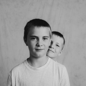 Brothers, Sisters...Friends! Portrait Project. Black & White portrait of 2 brothers by NH family photographers, Birch Blaze Studios