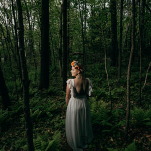 NH seacoast senior photographers, Birch Blaze Studios. Woodland fairy senior photo shoot, girl with flower crown in the forest.
