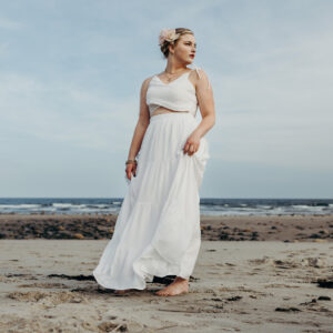NH seacoast senior photographers, Birch Blaze Studios. Beach-themed senior photo session. White dress.