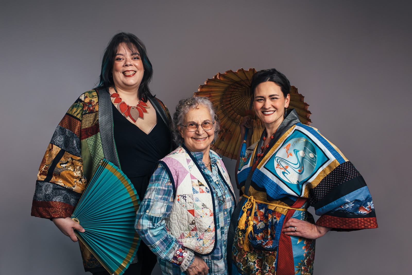 2023 Upcycled Fashion Show portrait by portrait artist, Kerry Struble, of Birch Blaze Studios located in Wakefield, NH. Modern kimonos designed and created with repurposed materials,