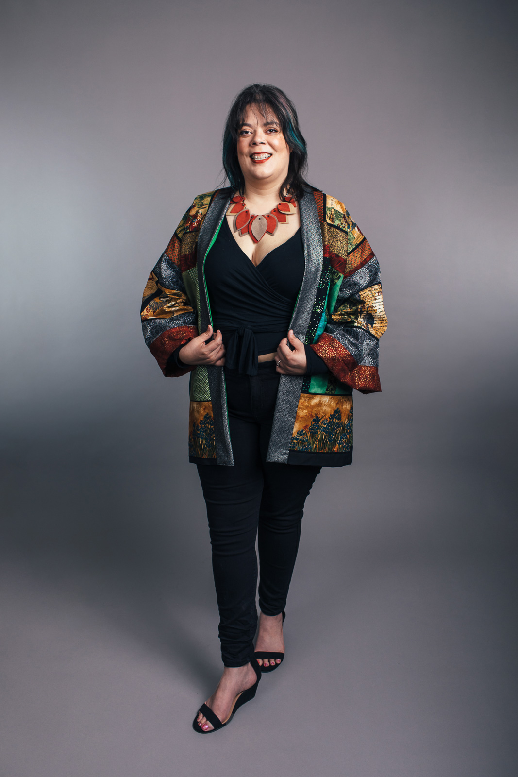 2023 Upcycled Fashion Show portrait by portrait artist, Kerry Struble, of Birch Blaze Studios located in Wakefield, NH. Modern kimonos designed and created with repurposed materials,