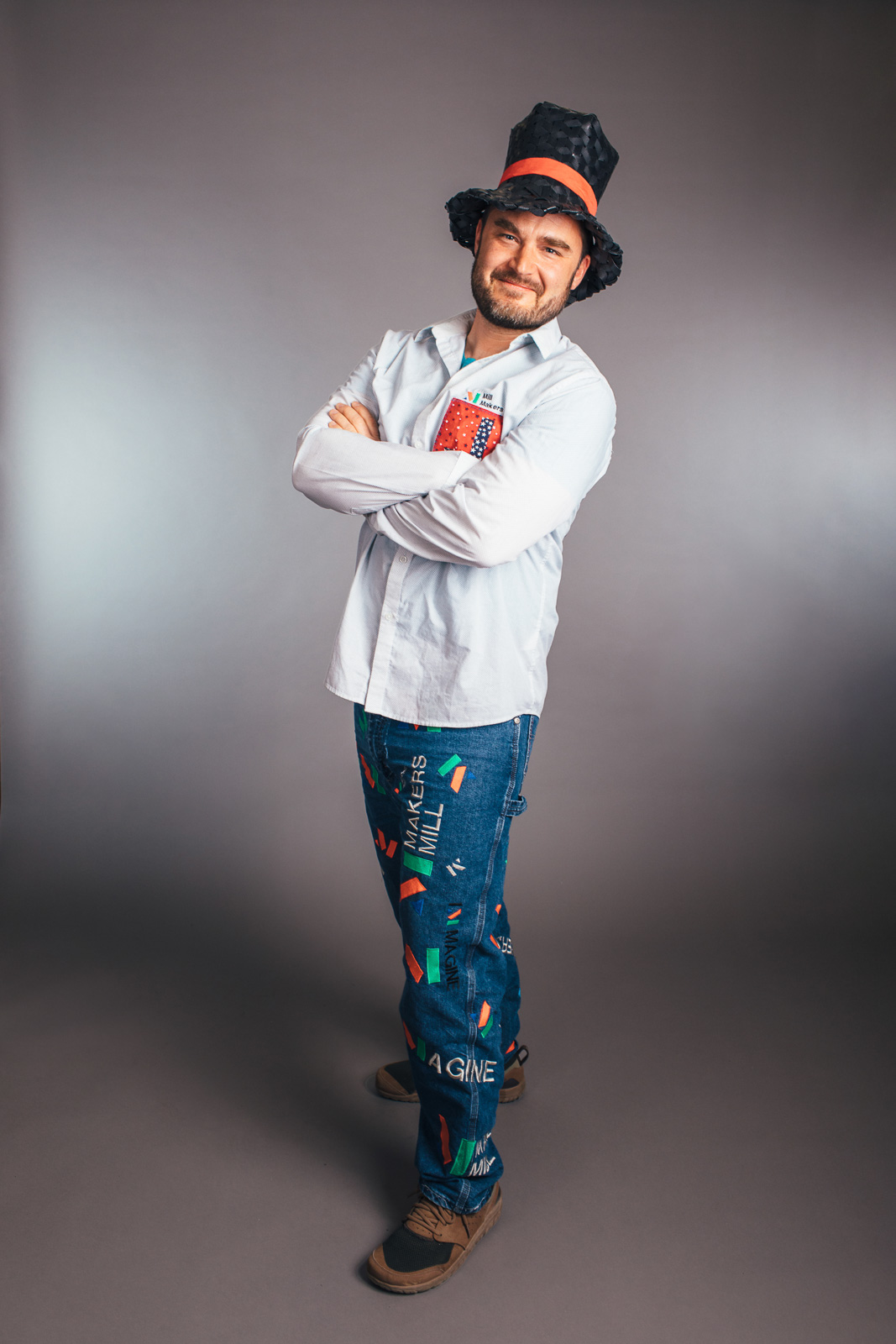 2023 Upcycled Fashion Show portrait by portrait artist, Kerry Struble, of Birch Blaze Studios located in Wakefield, NH. Portrait of GALA Makers Mill Executive Director & founder, Josh Arnold looking dapper in his upcycled duds.
